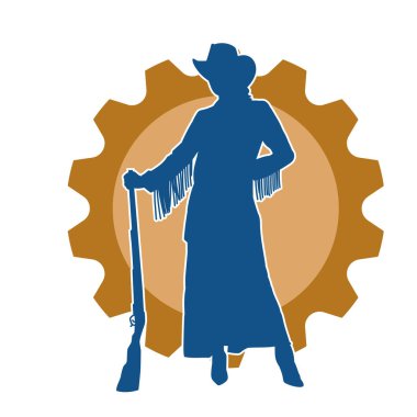 Uzun paltolu ve tüfekli kadın kovboy savaşçısının silueti. Uzun namlulu ateşli silahla poz veren bir dişi kovboyun silueti..