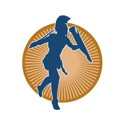 Antik Roma askeri kostümlü bir erkek silueti. Kılıç ve demir kalkan taşıyor.