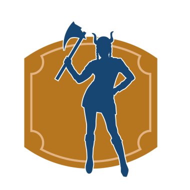 Viking kostümü giyen ve savaş baltası taşıyan bir kadın savaşçının silüeti.