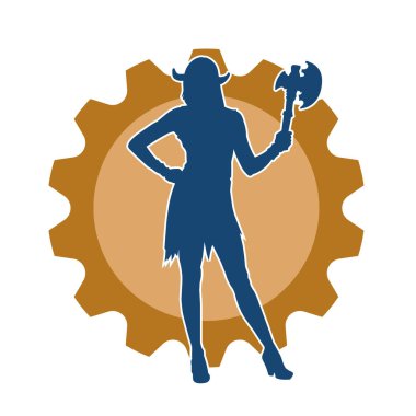 Viking kostümü giyen ve savaş baltası taşıyan bir kadın savaşçının silüeti.