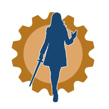 Bir kadın dövüşçünün silueti kılıç taşırken poz veriyor..