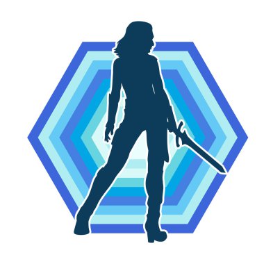 Bir kadın dövüşçünün silueti kılıç taşırken poz veriyor.