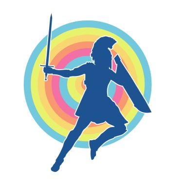 Savaş zırhı giymiş bir erkek savaşçının silueti. Kılıç ile poz veriyor..