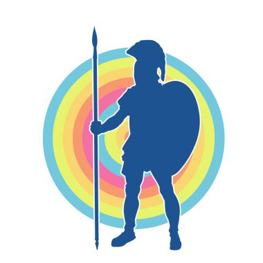 Mızrak ve demir kalkan taşıyan şövalye kostümlü bir erkek silueti. Zırhlı bir dövüşçünün silueti hareket halinde..