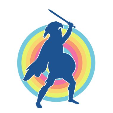 Savaş zırhı giymiş bir erkek savaşçının silueti. Kılıç ile poz veriyor..