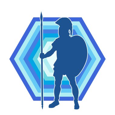 Mızrak ve demir kalkan taşıyan şövalye kostümlü bir erkek silueti. Zırhlı bir dövüşçünün silueti hareket halinde..