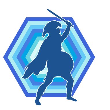 Savaş zırhı giymiş bir erkek savaşçının silueti. Kılıç ile poz veriyor..