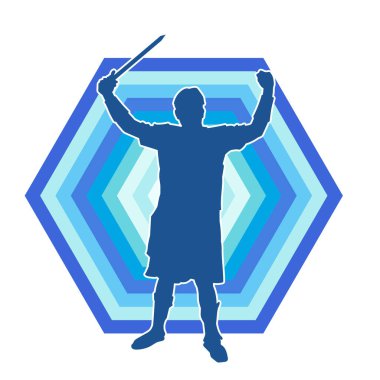 Savaş zırhı giymiş bir erkek savaşçının silueti. Kılıç ile poz veriyor..