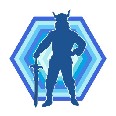 Bir erkek savaşçının silueti Viking kaskı takıyor ve kılıç taşıyor.