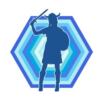 Viking kaskı takan ve kılıç taşıyan bir kadın savaşçının silueti.