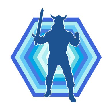 Bir erkek savaşçının silueti Viking kaskı takıyor ve kılıç taşıyor.