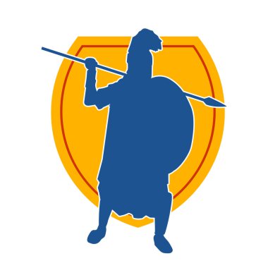 Mızrak ve demir kalkan taşıyan şövalye kostümlü bir erkek silueti. Zırhlı bir dövüşçünün silueti hareket halinde..