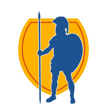 Mızrak ve demir kalkan taşıyan şövalye kostümlü bir erkek silueti. Zırhlı bir dövüşçünün silueti hareket halinde..