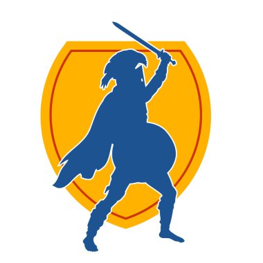 Savaş zırhı giymiş bir erkek savaşçının silueti. Kılıç ile poz veriyor..