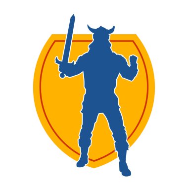 Bir erkek savaşçının silueti Viking kaskı takıyor ve kılıç taşıyor.