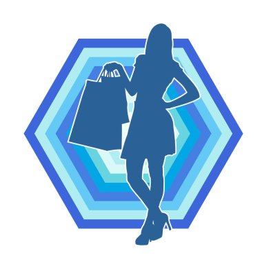 Sıska, alışveriş torbaları taşıyan genç bir kadının silueti. Alışveriş torbaları taşıyan, etkileyici pozlarda genç bir kadının silueti..