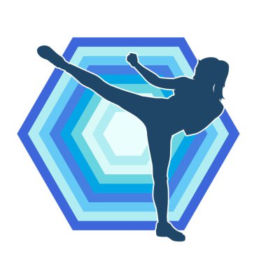 Dövüş sanatları tekmesi atan bir kadının silueti. Sportif bir kadının silueti tekme hareketi yapıyor..