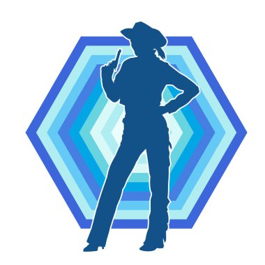 Kovboy kostümü giymiş zayıf bir kadının silueti. Tabanca tabancası taşıyan pozu. Kovboy kız kostümlü bir kadın modelin silueti..