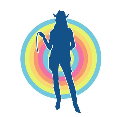 İnce bir kadın modelin silueti kovboy kostümü giymiş ve kementle ip taşıyor. Bir kovboy kız silueti kement ipiyle poz veriyor..