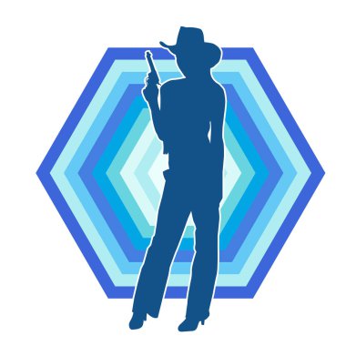 Kovboy kostümü giymiş zayıf bir kadının silueti. Tabanca tabancası taşıyan pozu. Kovboy kız kostümlü bir kadın modelin silueti..