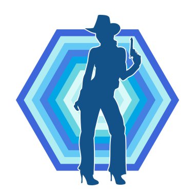 Kovboy kostümü giymiş zayıf bir kadının silueti. Tabanca tabancası taşıyan pozu. Kovboy kız kostümlü bir kadın modelin silueti..