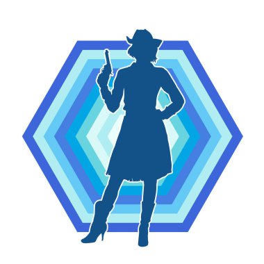 Kovboy kostümü giymiş zayıf bir kadının silueti. Tabanca tabancası taşıyan pozu. Kovboy kız kostümlü bir kadın modelin silueti..