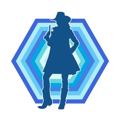 Kovboy kostümü giymiş zayıf bir kadının silueti. Tabanca tabancası taşıyan pozu. Kovboy kız kostümlü bir kadın modelin silueti..