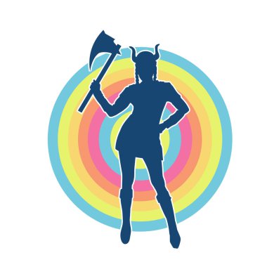 Viking kostümü giyen ve savaş baltası taşıyan bir kadın savaşçının silüeti.