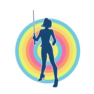 Bir kadın dövüşçünün silueti kılıç taşırken poz veriyor..