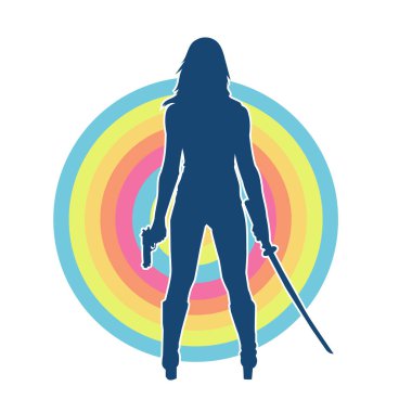 Tabanca ve kılıç taşıyan kadın bir savaşçının silueti.