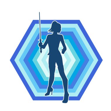 Bir kadın dövüşçünün silueti kılıç taşırken poz veriyor..