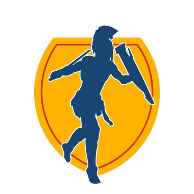 Antik Roma askeri kostümlü bir erkek silueti. Kılıç ve demir kalkan taşıyor.