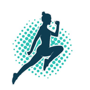 Neşeli bir şekilde atlayan mutlu, zayıf bir kadının silueti.