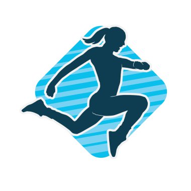 Neşeli bir şekilde atlayan mutlu, zayıf bir kadının silueti.