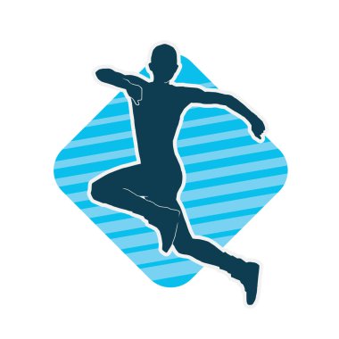 Neşeli bir şekilde atlayan mutlu, zayıf bir kadının silueti.