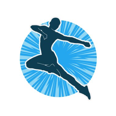 Neşeli bir şekilde atlayan mutlu, zayıf bir kadının silueti.