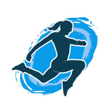 Neşeli bir şekilde atlayan mutlu, zayıf bir kadının silueti.