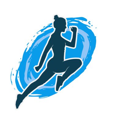 Neşeli bir şekilde atlayan mutlu, zayıf bir kadının silueti.