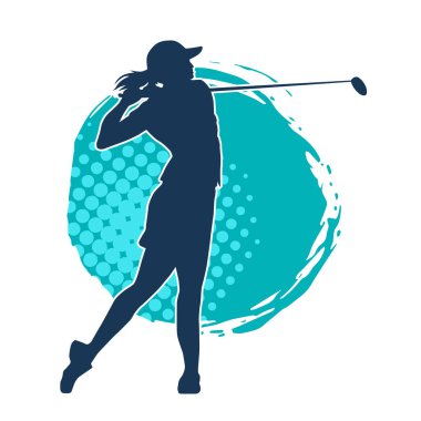 Golf oynayan bir kadının silüeti. Hareketli bir kadın golfçünün silueti..
