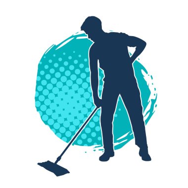 Temizlik işi yapan bir erkeğin silueti. Temizlik servisinin silueti paspas aracıyla yerleri süpürüyor.