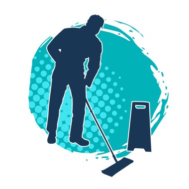 Temizlik işi yapan bir erkeğin silueti. Temizlik servisinin silueti paspas aracıyla yerleri süpürüyor.