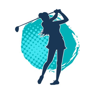 Golf oynayan bir kadının silüeti. Hareketli bir kadın golfçünün silueti..