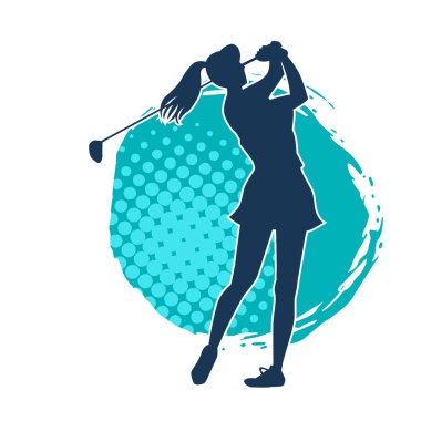 Golf oynayan bir kadının silüeti. Hareketli bir kadın golfçünün silueti..