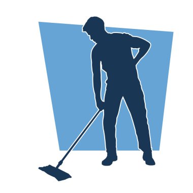 Temizlik işi yapan bir erkeğin silueti. Temizlik servisinin silueti paspas aracıyla yerleri süpürüyor.