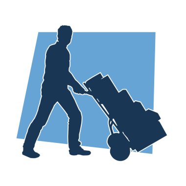 Depo çalışanının silueti bir lori çizelgesi ya da kutuları taşıyan bir el arabası. Bir teslimat işçisi ya da kurye silueti bir araba dolusu kutuyla poz vermiş..