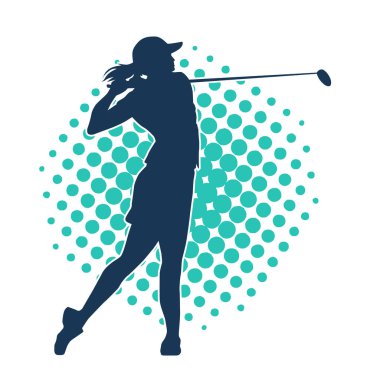 Golf oynayan bir kadının silüeti. Hareketli bir kadın golfçünün silueti..