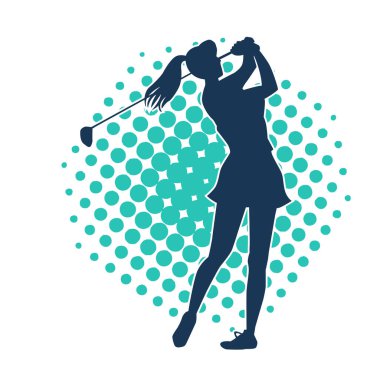 Golf oynayan bir kadının silüeti. Hareketli bir kadın golfçünün silueti..