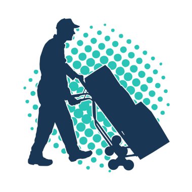 Depo çalışanının silueti bir lori çizelgesi ya da kutuları taşıyan bir el arabası. Bir teslimat işçisi ya da kurye silueti bir araba dolusu kutuyla poz vermiş..