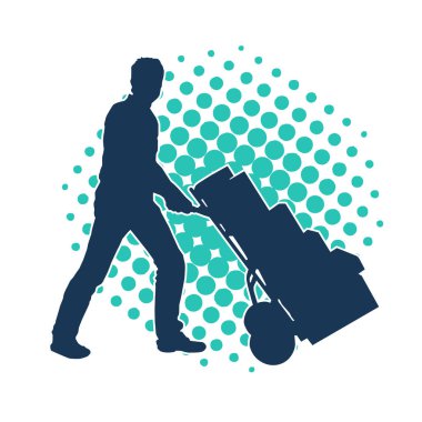 Depo çalışanının silueti bir lori çizelgesi ya da kutuları taşıyan bir el arabası. Bir teslimat işçisi ya da kurye silueti bir araba dolusu kutuyla poz vermiş..