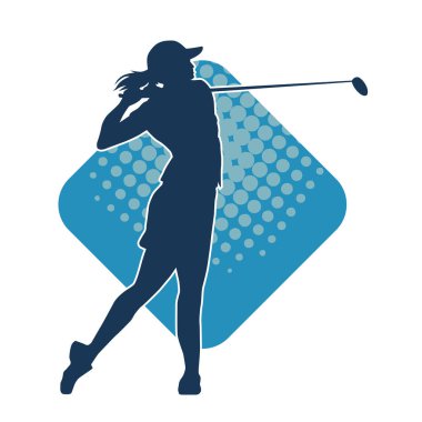 Golf oynayan bir kadının silüeti. Hareketli bir kadın golfçünün silueti..